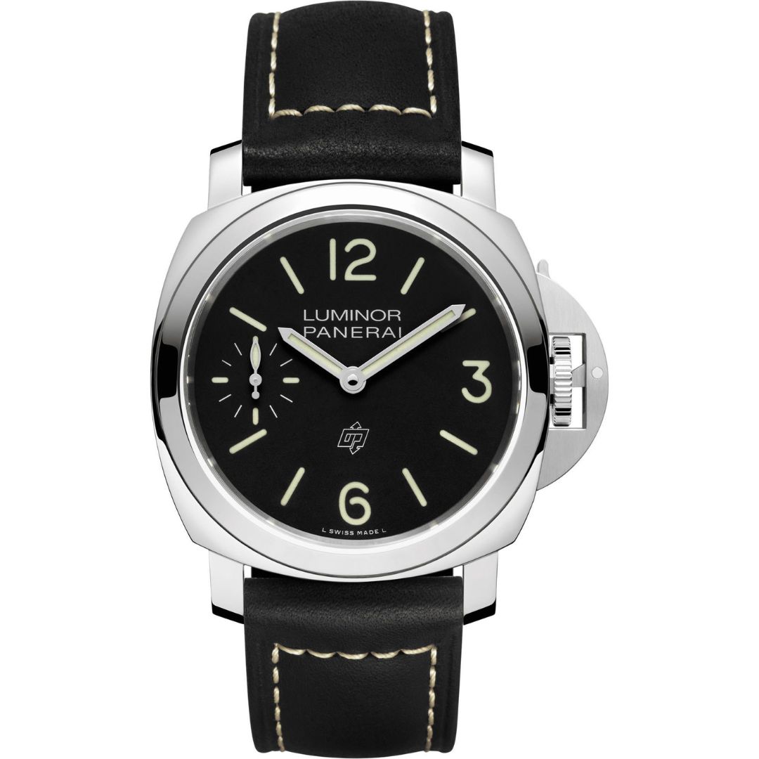 Front view of the Panerai Luminor Logo 44mm PAM01084 featuring a black sandwich dial with small seconds at 9 o’clock and the blue OP logo at 6 o’clock.