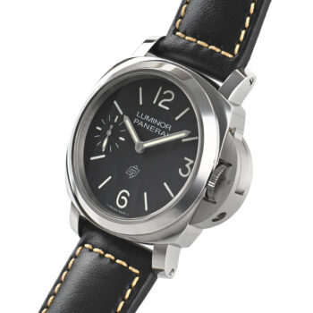 Right side view of the Panerai PAM01084 highlighting the iconic crown-protecting bridge and thick leather strap attachment.