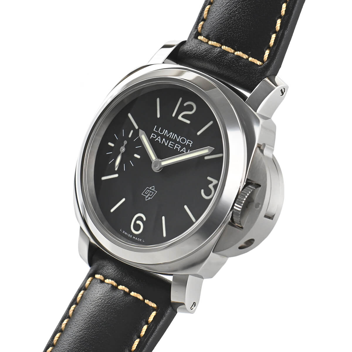 Right side view of the Panerai PAM01084 highlighting the iconic crown-protecting bridge and thick leather strap attachment.