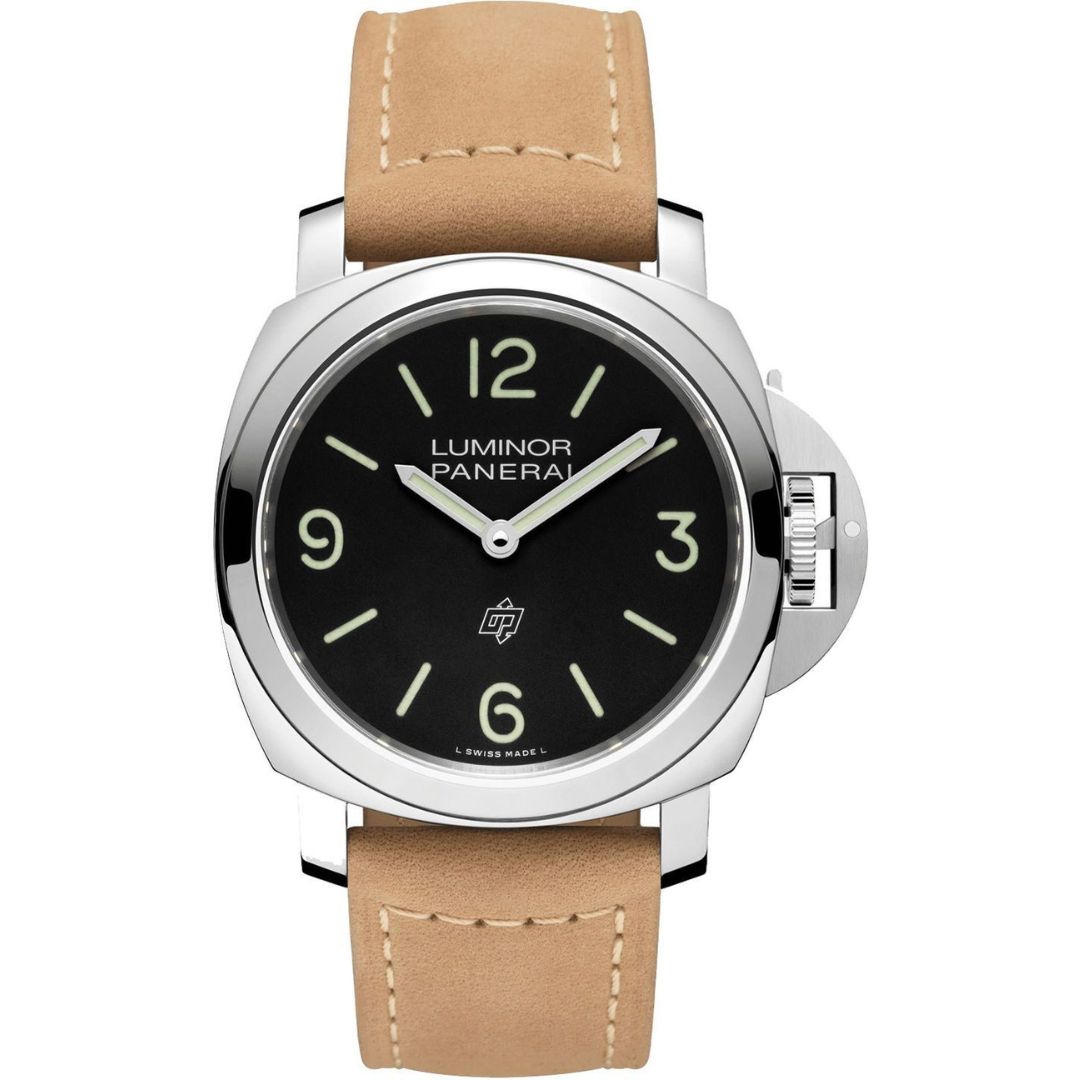 Front view of the Panerai Luminor Base Logo PAM01086 showcasing its black dial with luminous Arabic numerals and hour markers, and the OP logo at 6 o’clock.