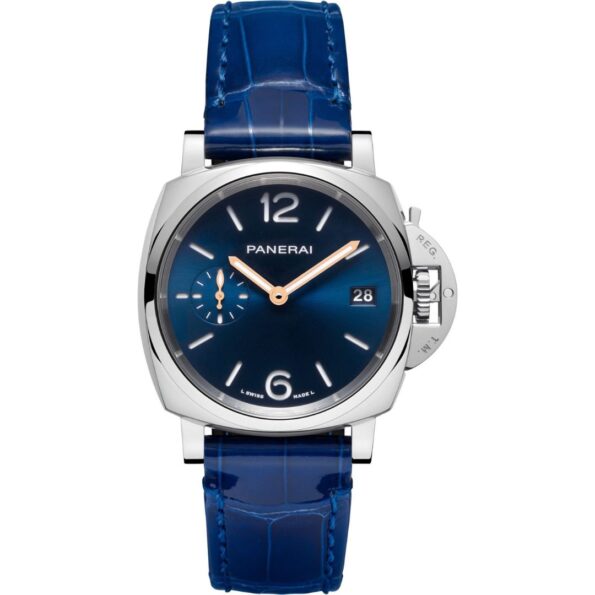 Front view of the Panerai Luminor Due 38mm PAM01273 showcasing its blue dial with luminous Arabic numerals and hour markers, and slim polished stainless steel case.
