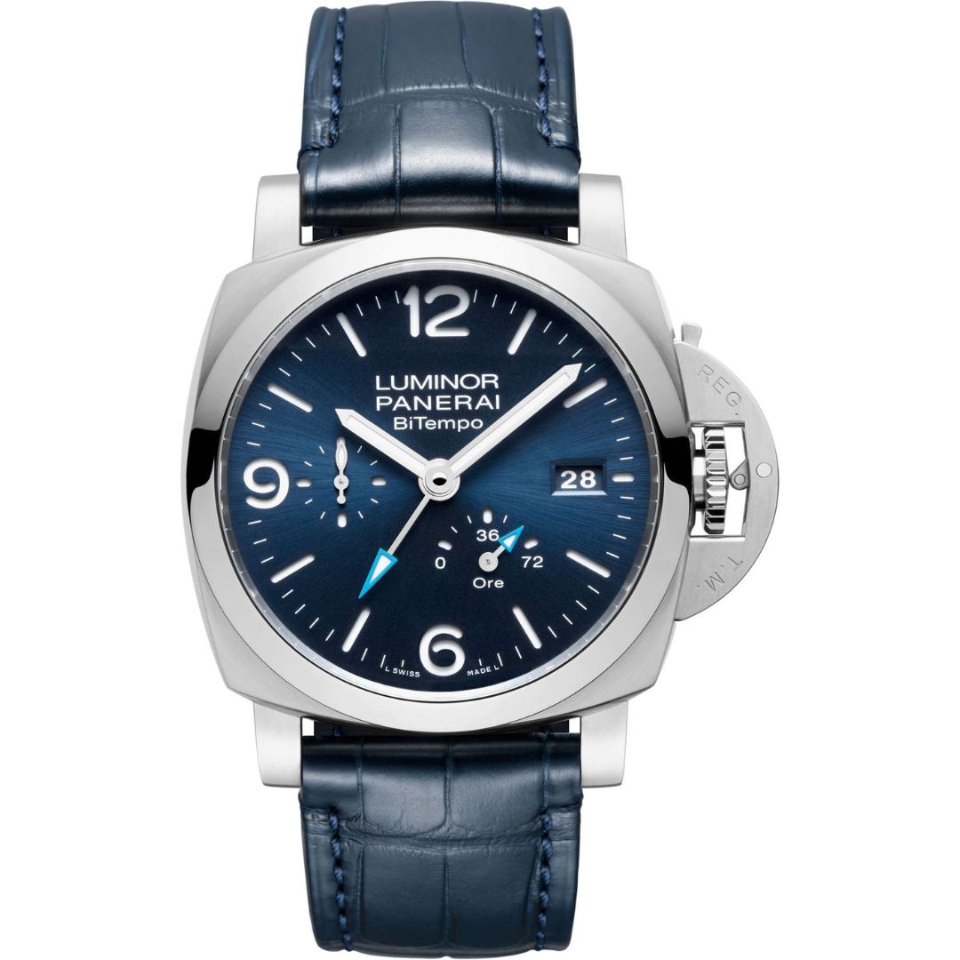 Front view of the Panerai Luminor BiTempo 44mm PAM01361 featuring a sun-brushed black dial with dual time zone display, date window, and small seconds at 9 o’clock.