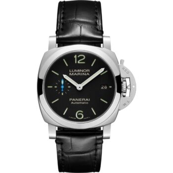 Front view of the Panerai Luminor Quaranta 40mm PAM01372 featuring a black sandwich dial with luminous Arabic numerals, hour markers, and a small seconds subdial at 9 o’clock.