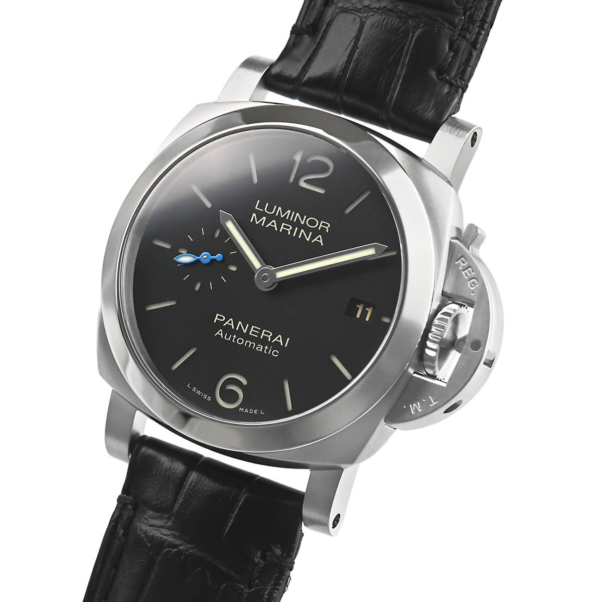 Right side view of the Panerai PAM01372 showing the iconic crown-protecting bridge and integrated leather strap design.