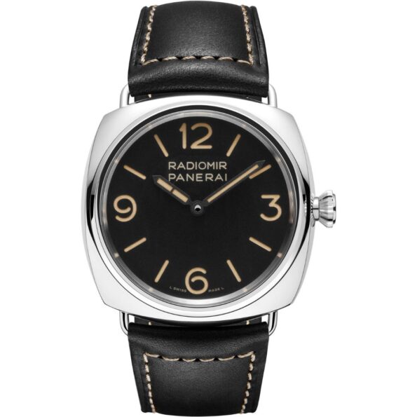 Front view of the Panerai Radiomir Officine 45mm PAM01382 featuring a matte brown dial with luminous Arabic numerals and hour markers, and small seconds at 9 o’clock.