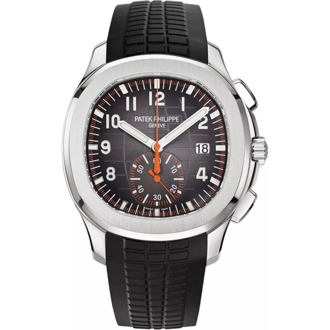 Patek Philippe Aquanaut Chronograph 42.2mm 5968A-001 with black dial and black rubber strap.