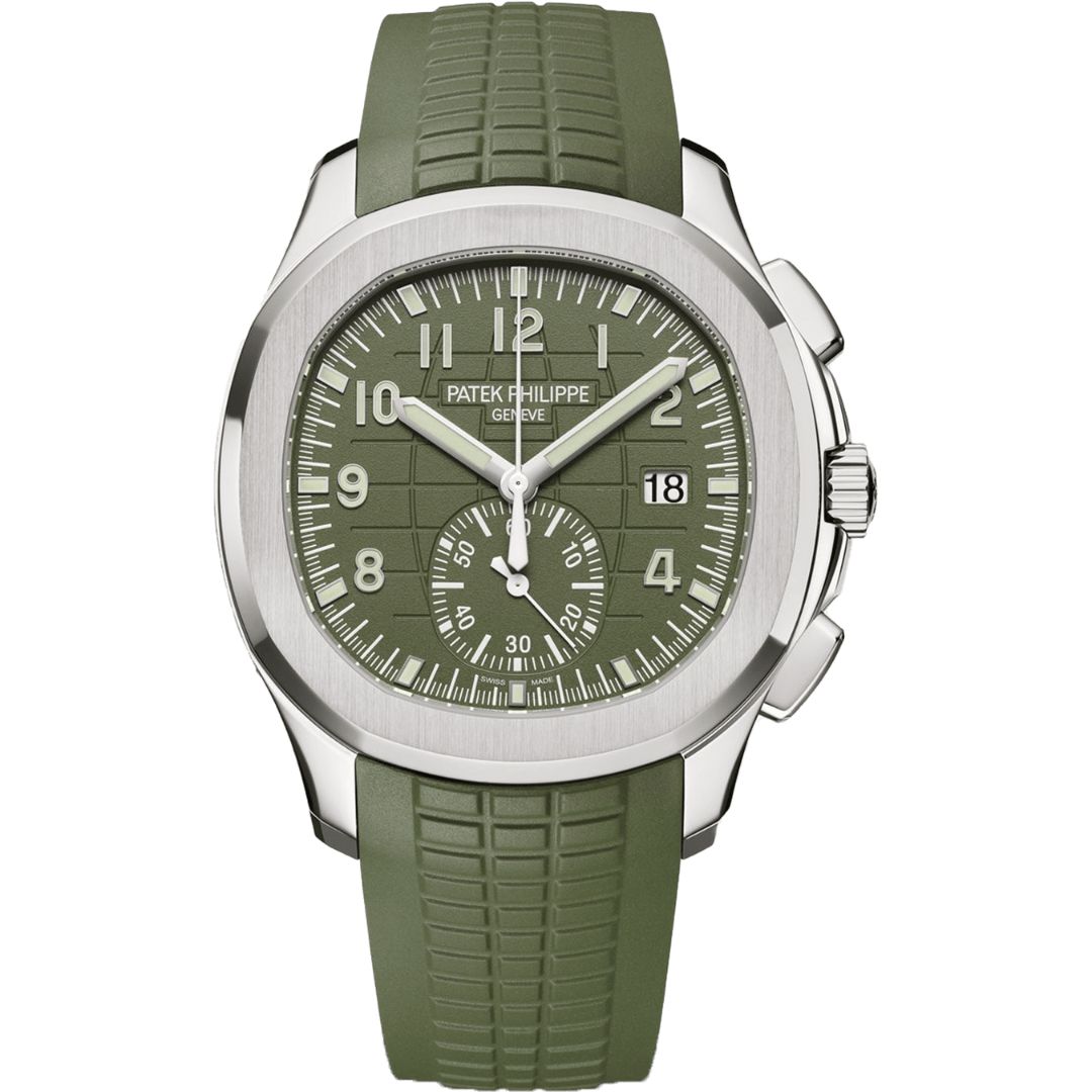 Patek Philippe Aquanaut Chronograph 5968G-010 with khaki green dial and rubber strap.