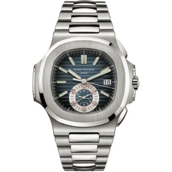 Patek Philippe Nautilus Chronograph 5980/1A-001, featuring a 40.5mm stainless steel case, blue embossed dial, white gold hands, and an octagonal bezel. The luxury watch includes a stainless steel bracelet with a folding clasp and is powered by an automatic movement with a 55-hour power reserve.