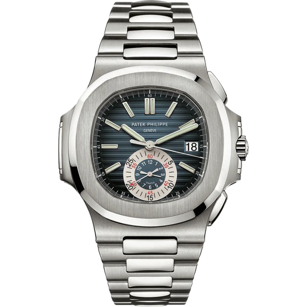 Patek Philippe Nautilus Chronograph 5980/1A-001, featuring a 40.5mm stainless steel case, blue embossed dial, white gold hands, and an octagonal bezel. The luxury watch includes a stainless steel bracelet with a folding clasp and is powered by an automatic movement with a 55-hour power reserve.