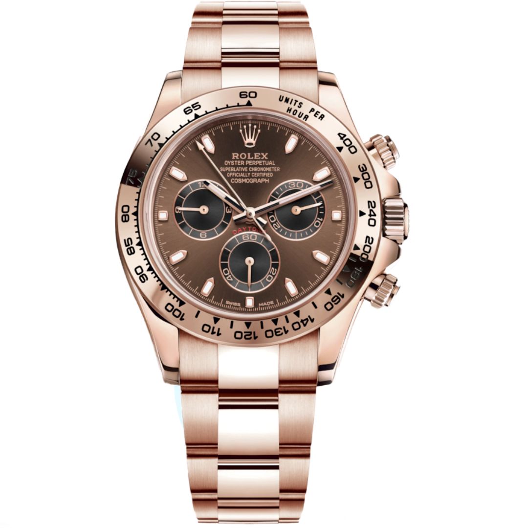 Rolex Cosmograph Daytona 116505-0013 with brown dial and rose gold bracelet.