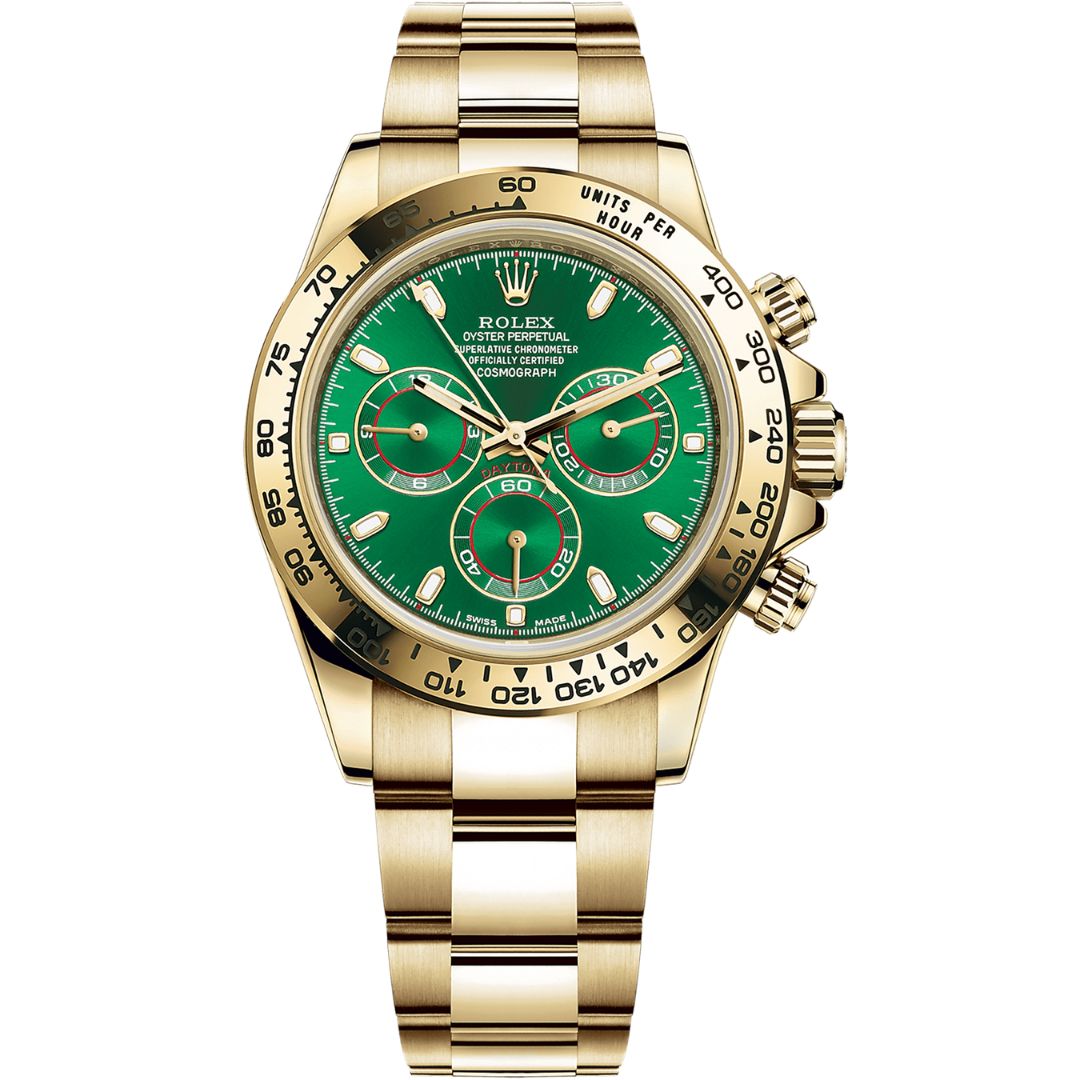 Rolex Cosmograph Daytona 116508-0013 with green dial and yellow gold bracelet.