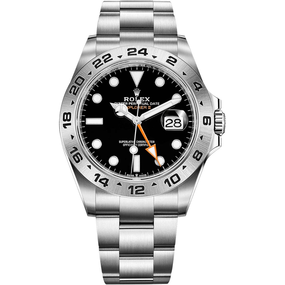 Rolex Explorer II 226570-0002 watch with a 42mm stainless steel case, black dial, luminous hour markers, and a vibrant orange 24-hour hand. Features a fixed 24-hour bezel, date window at 3 o'clock, and an Oyster bracelet with a folding clasp. Showcasing Rolex’s precision with Caliber 3285 movement, 70-hour power reserve, and 100m water resistance.