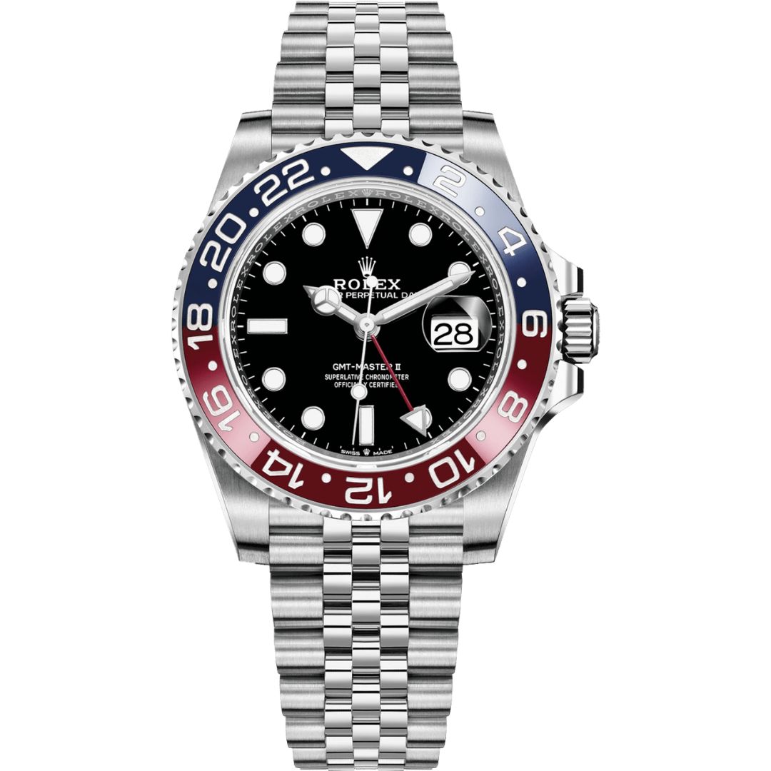 Rolex GMT-Master II 126710BLRO-0001 with black dial and stainless steel bracelet.