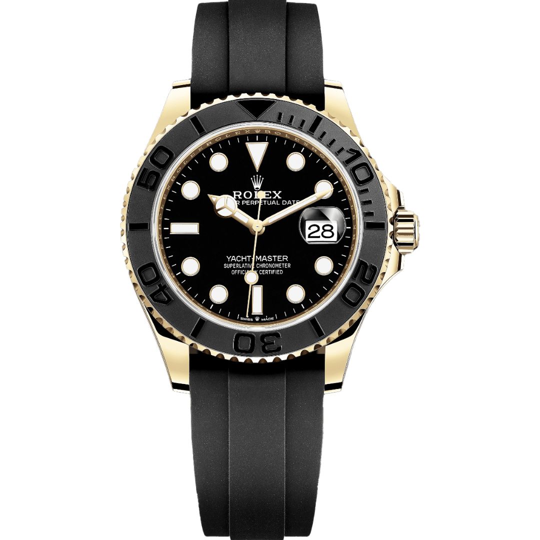 Front view of Rolex Yacht-Master 42 226658-0001 featuring matte black dial, Cerachrom bezel, and 18k yellow gold case
