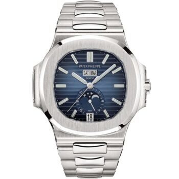 Front view of the Patek Philippe Nautilus 5726/1A-014 featuring a gradient blue dial with annual calendar, moon phase, and luminous white gold hour markers.