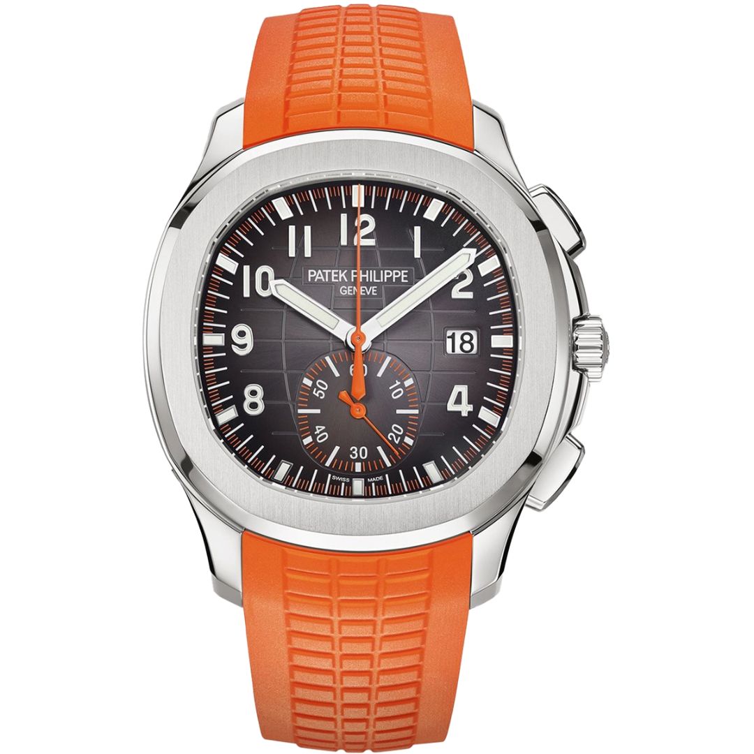 Front view of the Patek Philippe Aquanaut Chronograph 5968A-001 showcasing its embossed black dial, orange chronograph hand, and matching orange rubber strap.
