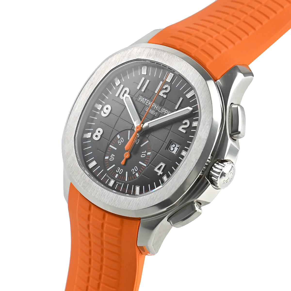 Right side view of the Patek Philippe 5968A-001 showing the chronograph pushers and screw-down crown with protective shoulders.