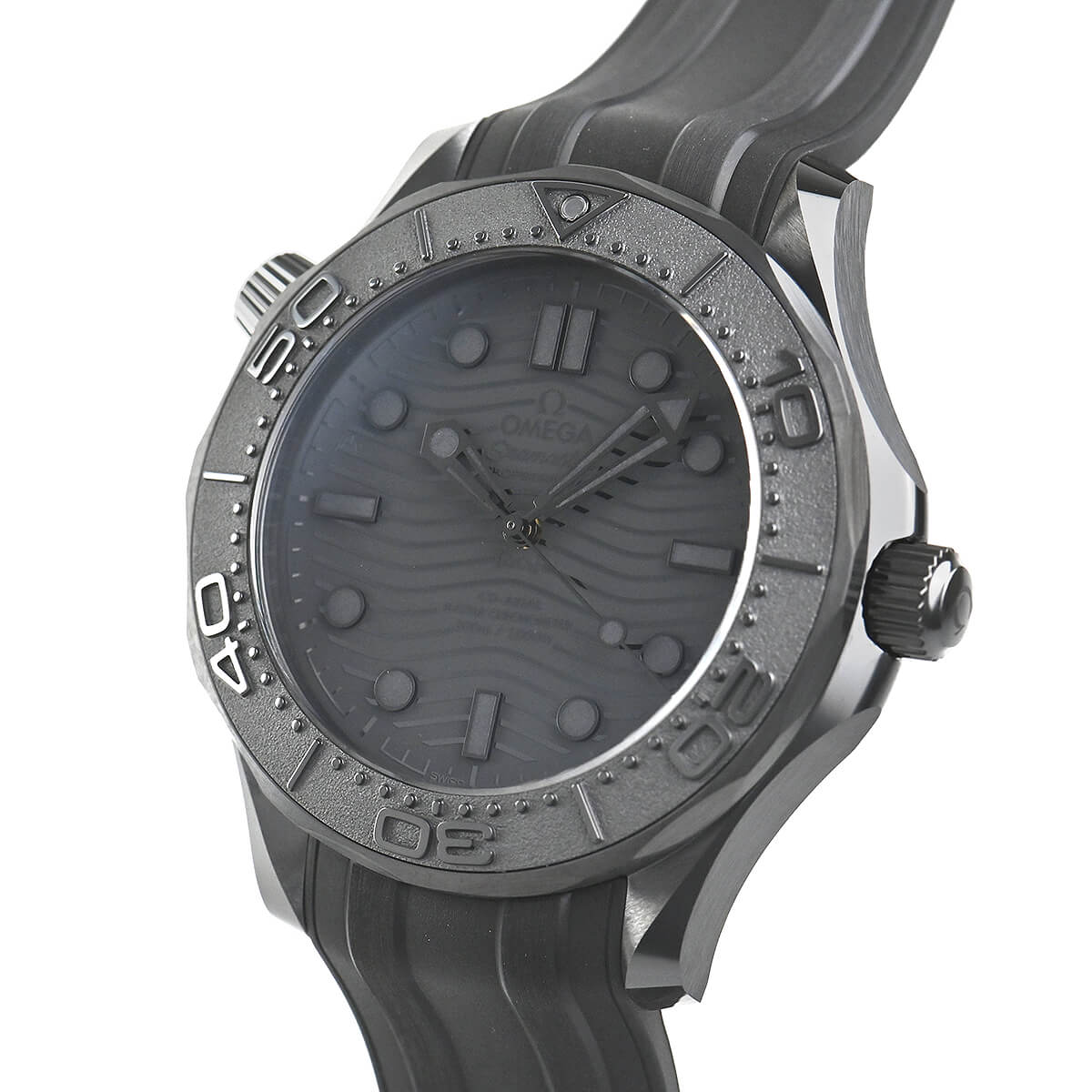 Right side view of the Omega Seamaster Diver 300M with close-up of the screw-in crown and helium escape valve.