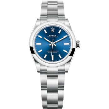 The Rolex Oyster Perpetual 31mm 277200-0003 showcasing its vibrant blue sunray dial, smooth bezel, and classic Oystersteel case.