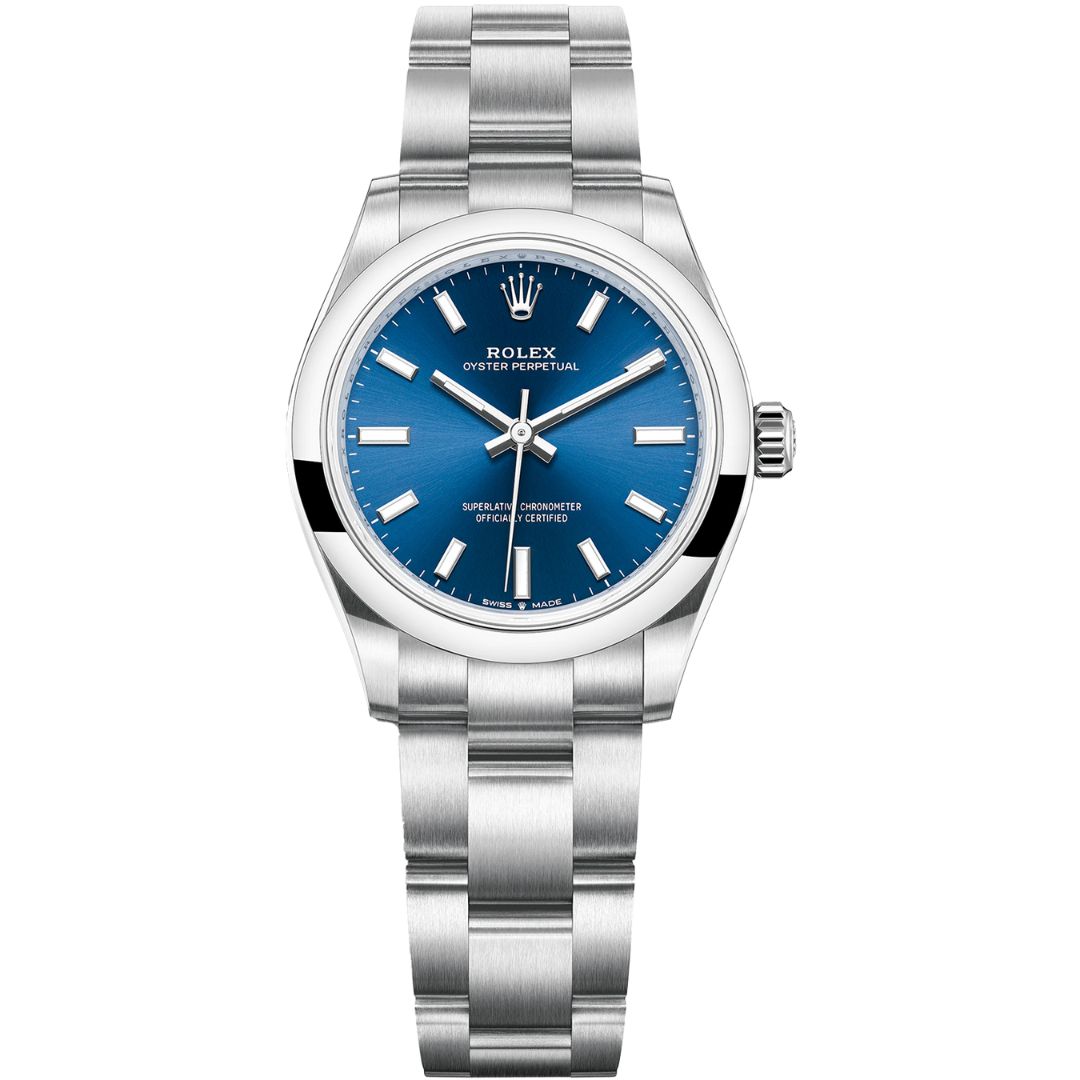 The Rolex Oyster Perpetual 31mm 277200-0003 showcasing its vibrant blue sunray dial, smooth bezel, and classic Oystersteel case.