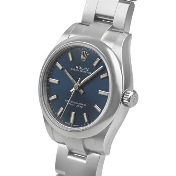 The Rolex Oyster Perpetual 31mm highlighting the polished Oystersteel case and screw-down winding crown.