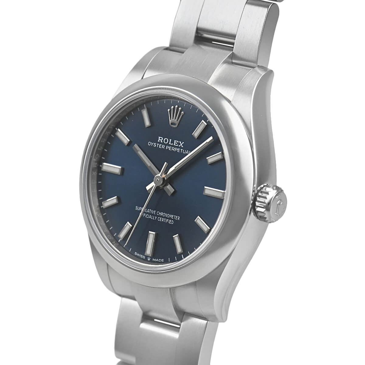 The Rolex Oyster Perpetual 31mm highlighting the polished Oystersteel case and screw-down winding crown.