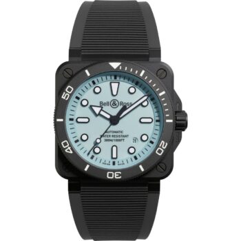 Bell & Ross BR 03 Diver Full Lum watch featuring a striking black ceramic case with fully luminous green Super-LumiNova dial, oversized hour markers, skeletonized hands, and a matching luminous unidirectional rotating bezel with 60-minute dive scale in low-light conditions.