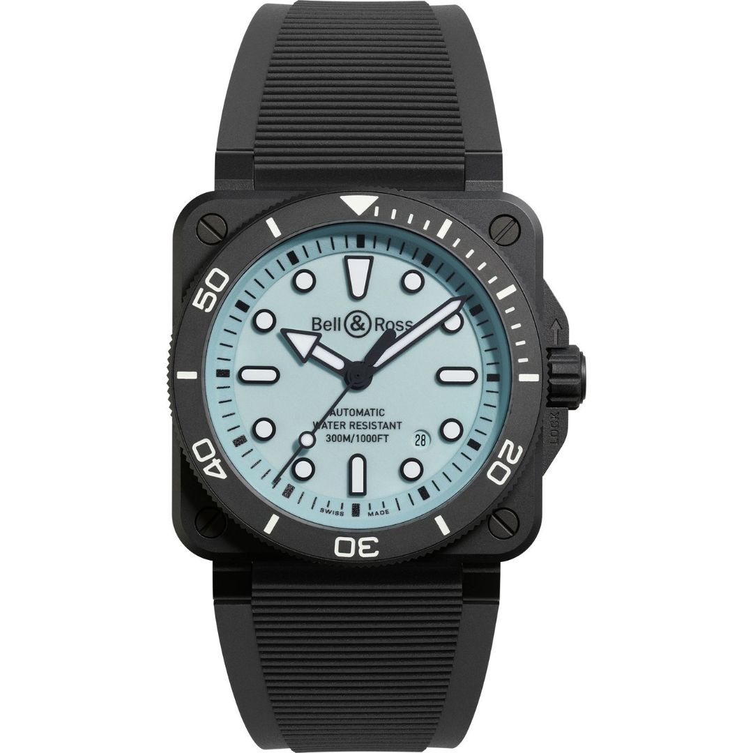 Bell & Ross BR 03 Diver Full Lum watch featuring a striking black ceramic case with fully luminous green Super-LumiNova dial, oversized hour markers, skeletonized hands, and a matching luminous unidirectional rotating bezel with 60-minute dive scale in low-light conditions.