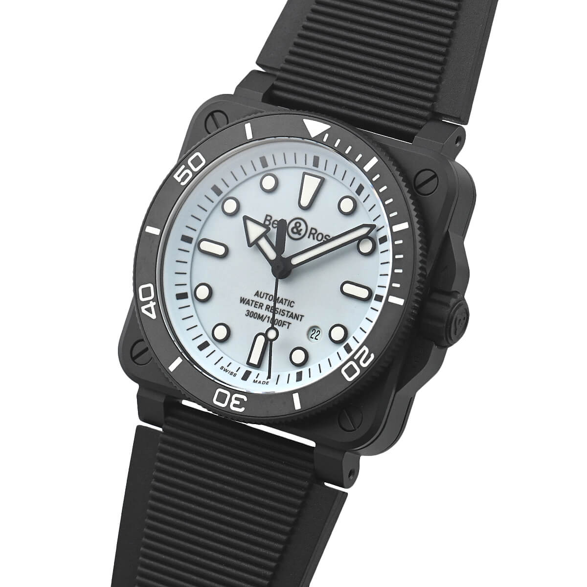 Profile view of the BR 03 Diver Full Lum showing its matte black ceramic case with brushed finish, screw-down crown with protective guards, and distinctive angular lugs - all highlighted with subtle green luminous accents along the case edges.