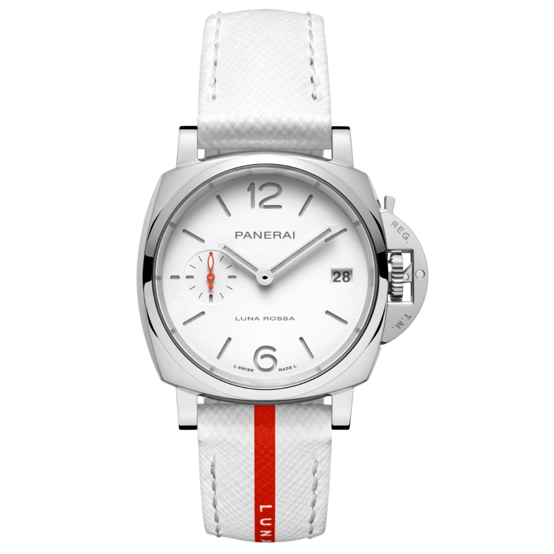 Front view of the Panerai Luminor Due Luna Rossa 38mm PAM01378 featuring a white sun-brushed dial with small seconds` display, red accents, and Luna Rossa branding.