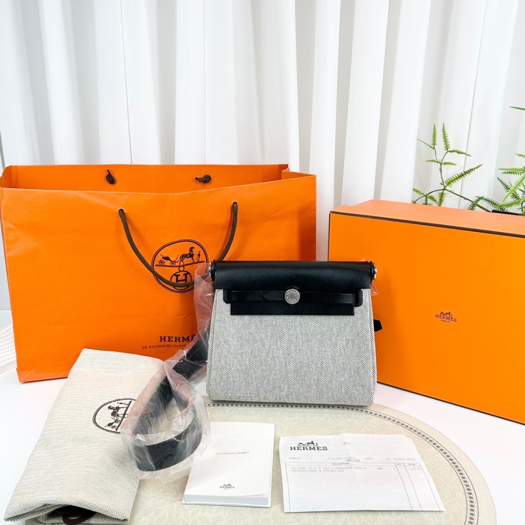 Hermes Military Toile Vache Hunter Herbag Zip Retourne 20 Ecru Black