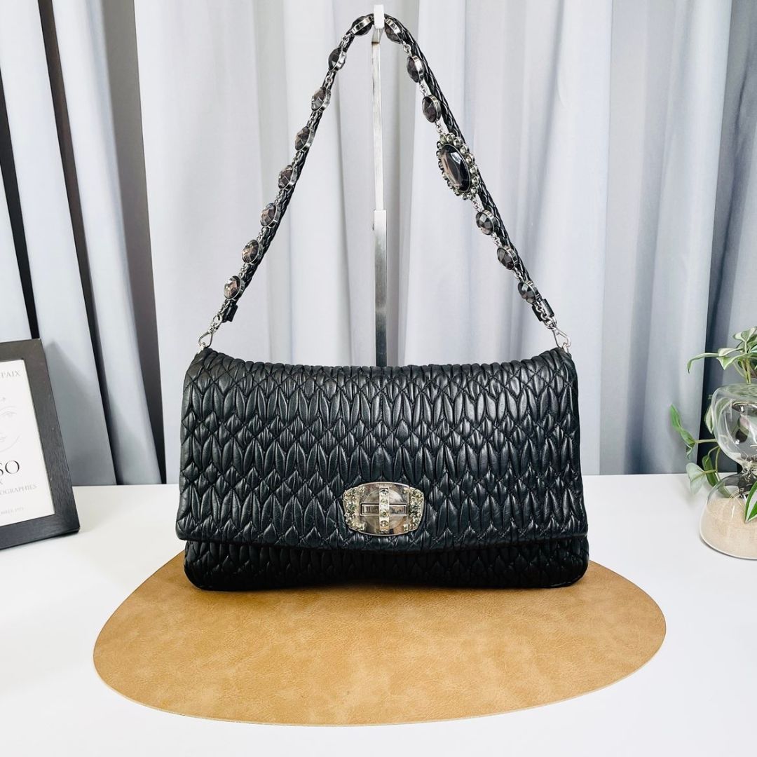 Miu Miu Matelasse Crystal Flap Clutch Black Nappa Leather